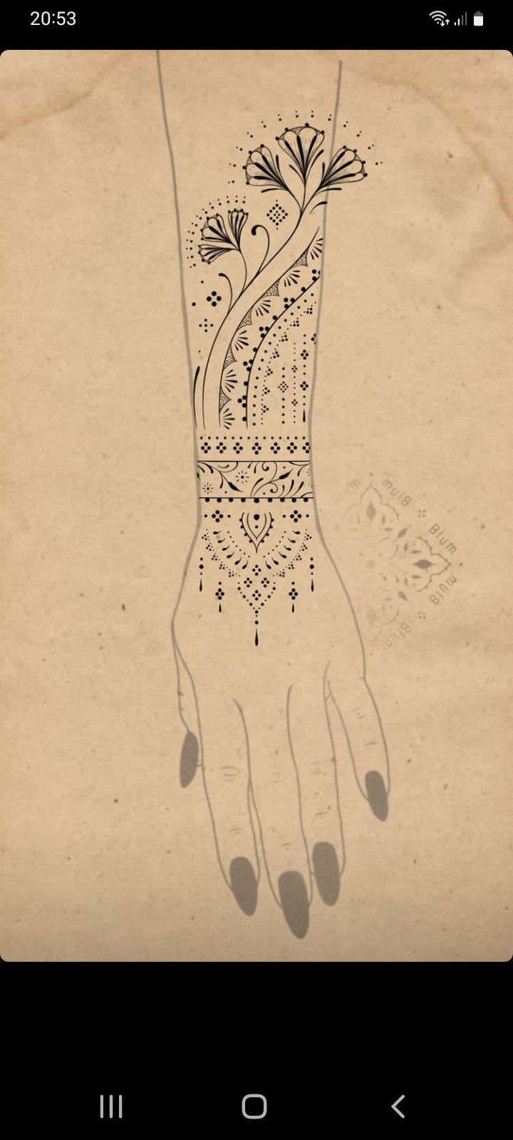 an old paper with a drawing of a woman's hand and flowers on it