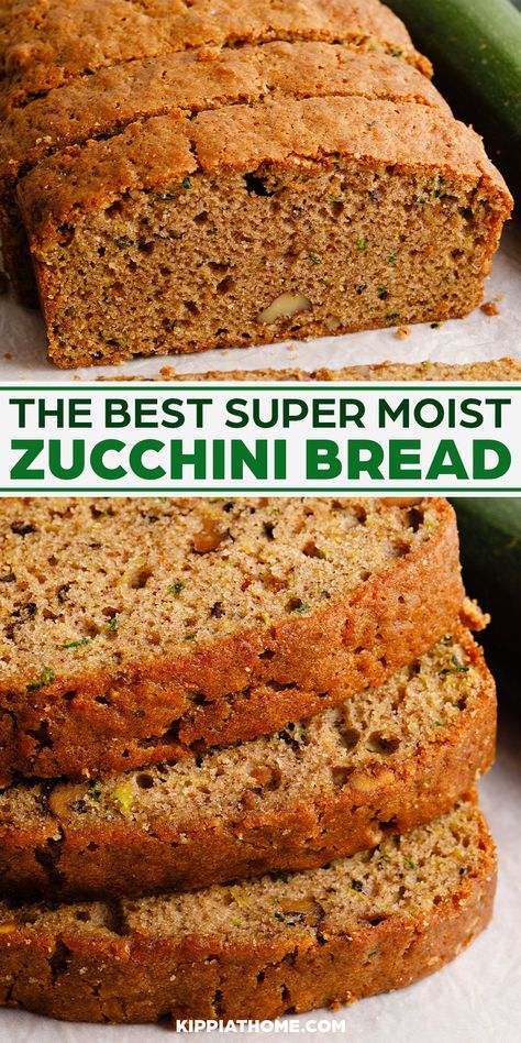 the best super moist zucchini bread is sliced and stacked on top of each other