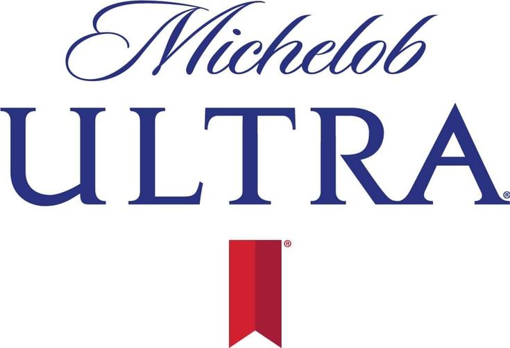 the michelob ultra logo is shown in red, white and blue with an arrow pointing up