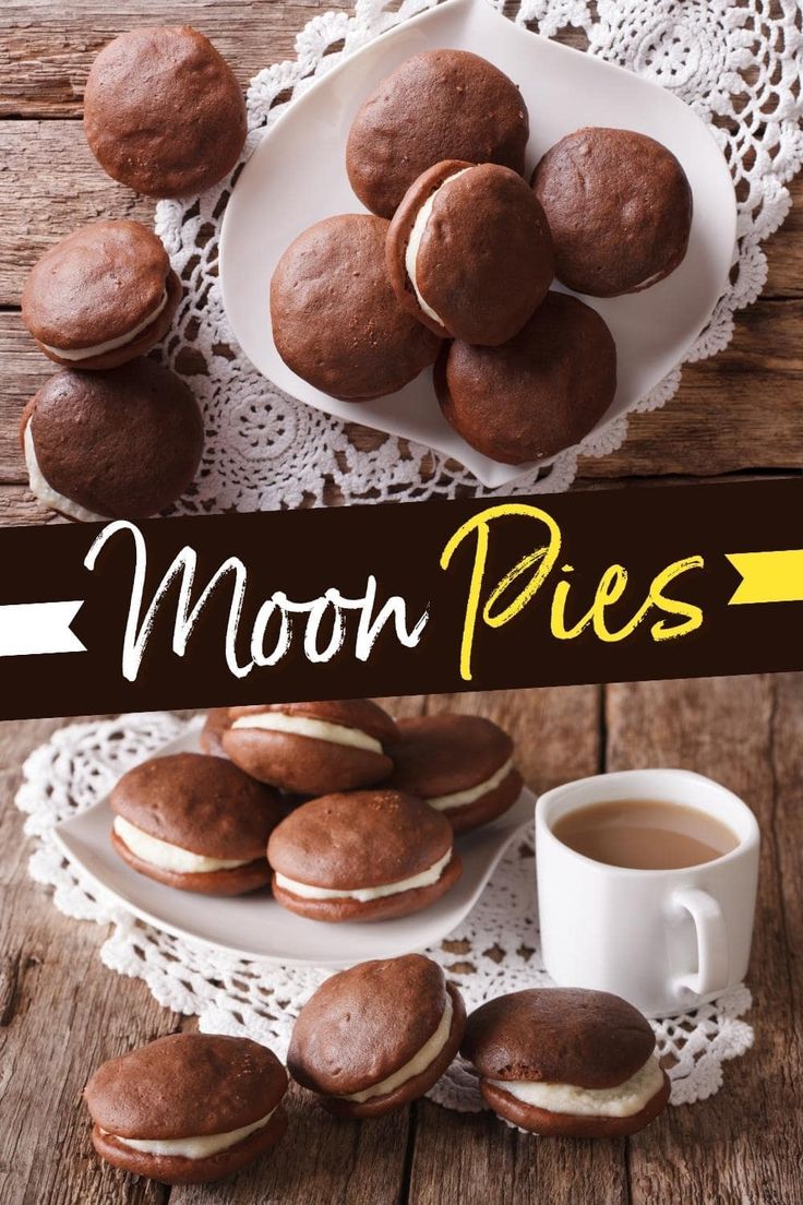 moon pies on a plate next to a cup of coffee and some other pastries