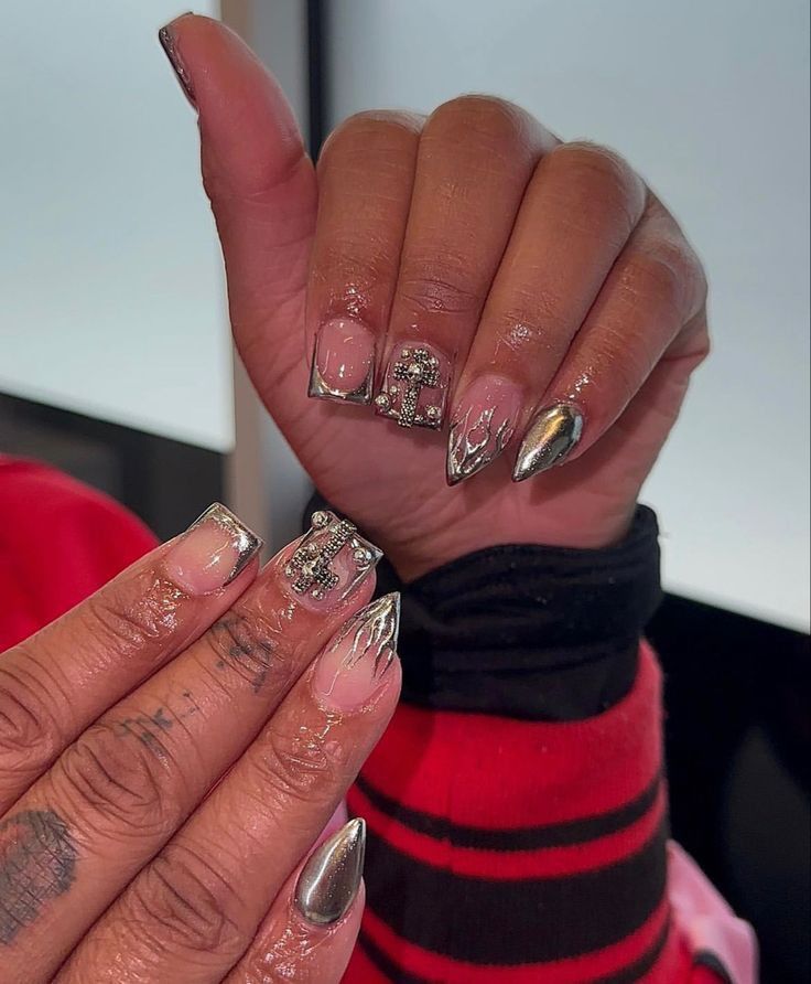 Metallic Short Nails, Square Nails With Stiletto Pinky, Mix Match Nails, Long Stiletto Nails, Hard Nails, Silver Nail, Simple Gel Nails, Cute Acrylic Nail Designs, Simple Acrylic Nails