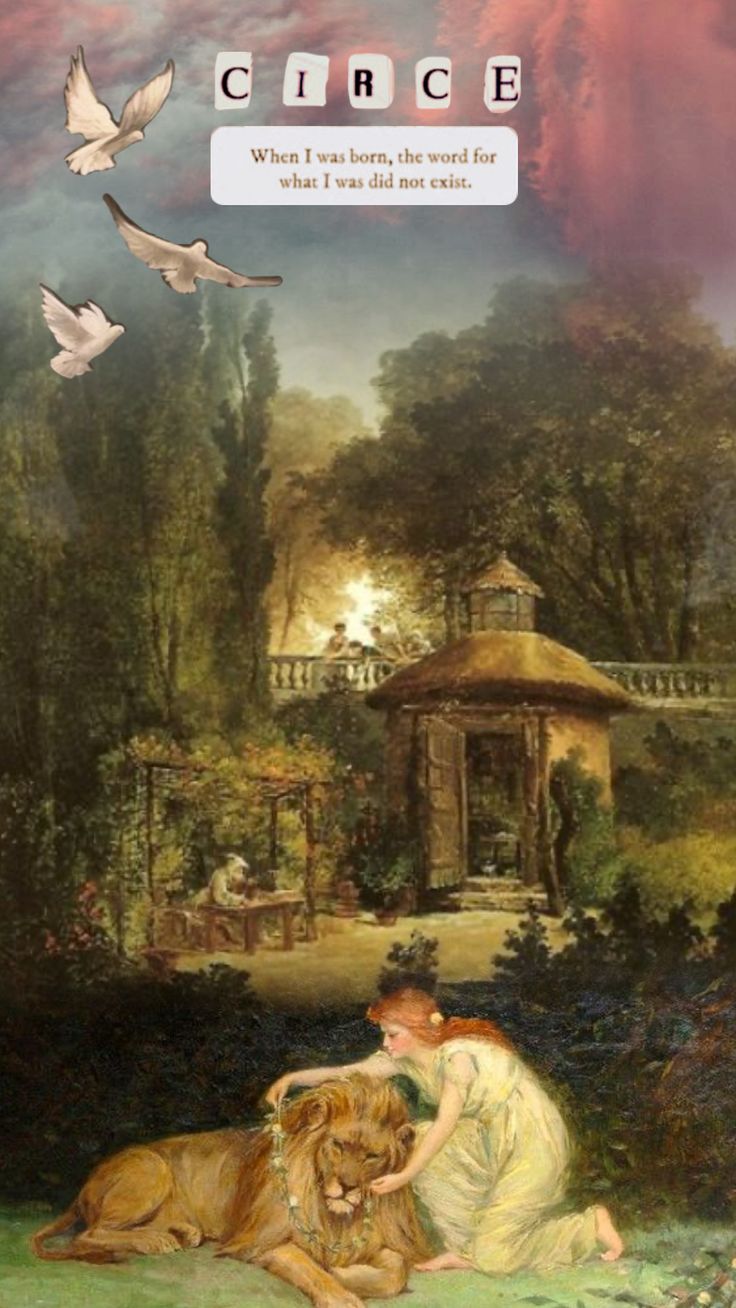 a woman and a dog sitting in front of a gazebo with birds flying overhead