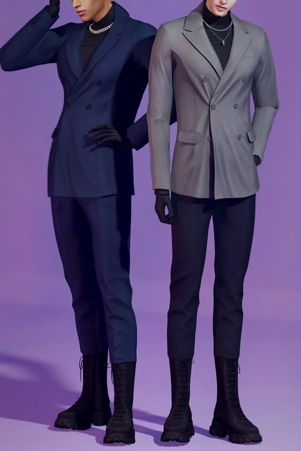 two men in suits standing next to each other on a purple background and one wearing black boots