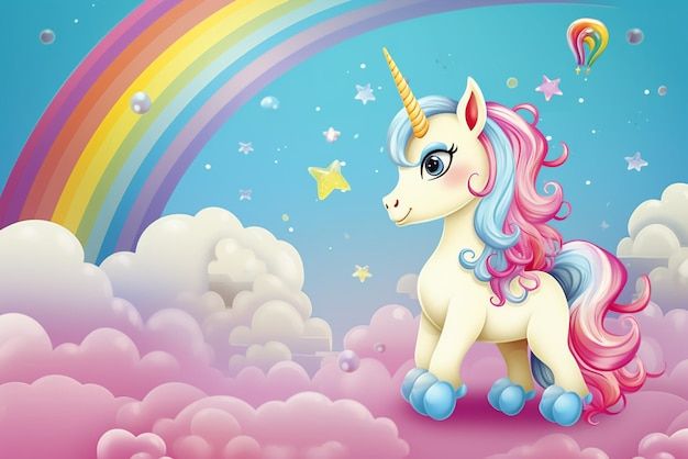 a cartoon unicorn standing in the clouds under a rainbow