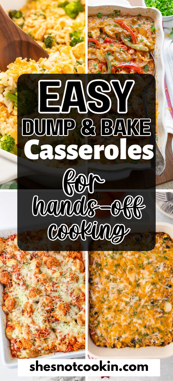 Dump and bake photo collage with text overlay. 1 Pan Casserole, Bake And Dump Meals, Cheap Easy Casserole Dinners, Casserole Recipes Dump And Bake, Dishes To Take To A Sick Friend, Crazy Easy Dinner Casseroles, One Pan Dump Meals, Make Now Bake Later Meals, Easy Oven Casserole Recipes