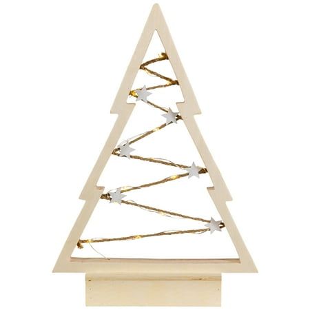 a small wooden christmas tree with lights on it's sides and branches in the shape of a triangle