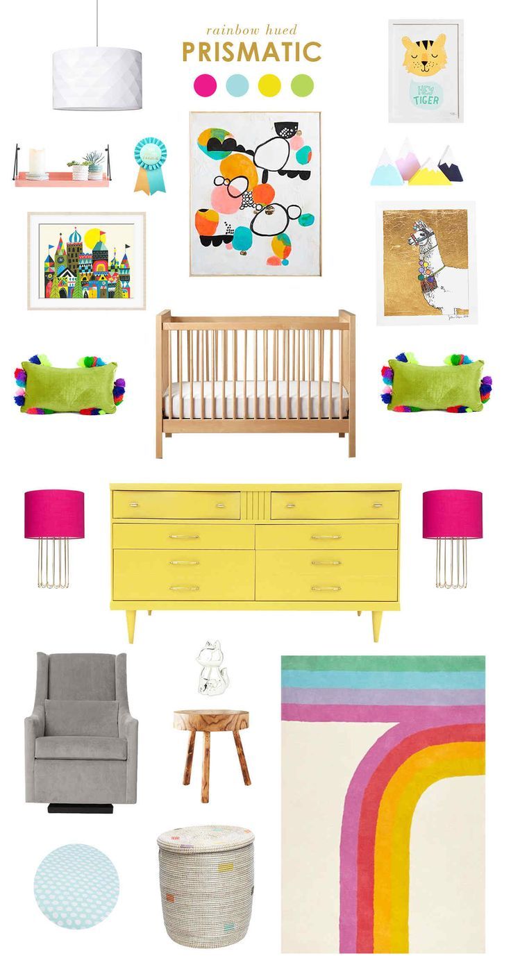 a room filled with furniture and pictures on the wall, including a baby's crib