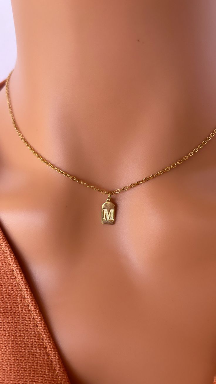 14K GOLD Initial TAG Necklace , Dainty Initial Necklace , Custom Letter Pendant Necklace , Gift for Mom , Bridesmaid Gift ,  Christmas Gift 📌Materials: 14K Gold , Silver 📌Free Shipping 📌Waterproof 📌*Hypoallergenic You can wear gym, pool, shower or everywhere . 📌Anti tarnish  MATERIAL & SIZES ** Dainty Chain :14K Gold Filled over Stainless steel 14K GOLD PLATED TAG  LETTER SIZE : 5.5 MMX 9.5MM ------------------  If you would like to SILVER TAG INITIAL NECKLACE , follow the link below.  http Gold Name Necklace For Wedding And Christmas, Personalized Gold Name Necklace For Christmas, Gold-tone Initial Pendant Necklace For Gifts, Gold-tone Initial Pendant Necklace Gift, Personalized Gold-tone Charm Necklaces For Gifts, Gold Initial Pendant Necklace For Personalized Gift, Gold Name Necklace For Christmas, Gold Christmas Name Necklace, Gold Initial Pendant Necklace As Gift