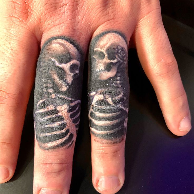 two fingers with tattoos on them, one has a skull and the other has a skeleton