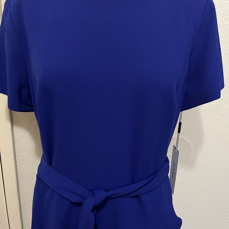 This Calvin Klein Royal Blue Dress Is Made Of A Stretch Crpe Fabric. It Has A Around Neck, Short Sleeves, Belt Waist, Ruffle On The Skirt, And A Gold Back Zipper. How The Waist Is 34, The Bust Is 43, The Hip Is 45, And The Length Is 41. It’s New With Tags. It Has No Stains Or Rips. Blue Short Sleeve Belted Midi Dress, Blue Belted Midi Dress With Short Sleeves, Blue Belted Short Sleeve Dress, Blue Short Sleeve Midi Dress For Work, Blue Belted Mini Dress, Blue Belted Fitted Dress, Blue Fitted Belted Dress, Blue Tie Waist Midi Dress For Formal Occasions, Blue Short Sleeve Mini Dress For Work