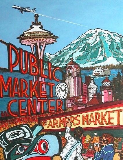 a painting of farmers market in front of a mountain with the words public market center painted on it