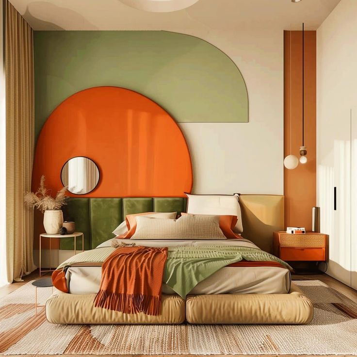 a bedroom with an orange circle on the wall and green bedspread in it