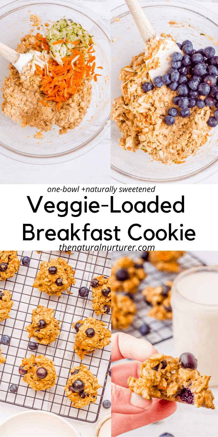 a collage of three pictures showing the ingredients for veggie loaded breakfast cookies