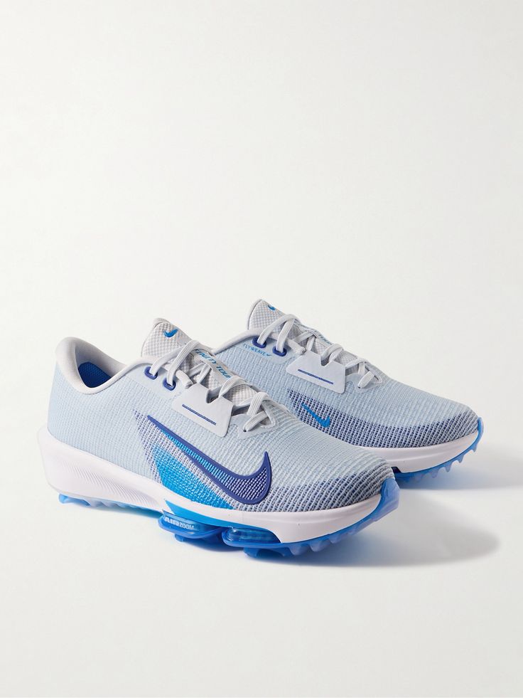 Nike Golf refers to customer feedback when designing future collections. , These 'Air Zoom Infinity Tour Next%' shoes are roomier than previous versions and now have two Air Zoom units at the forefoot for better energy return , Breathable mesh uppers keep you cool, while padded collars prevent heels from slipping , Six sets of spikes and an integrated traction pattern on the soles provide excellent grip on a variety of terrain , Gusseted tongues offer extra support during side-to-side movements… Next Shoes, Golf Collection, Sneakers Blue, Driving Shoes, Customer Feedback, Classic Sneakers, Nike Golf, Air Zoom, Nike Air Zoom