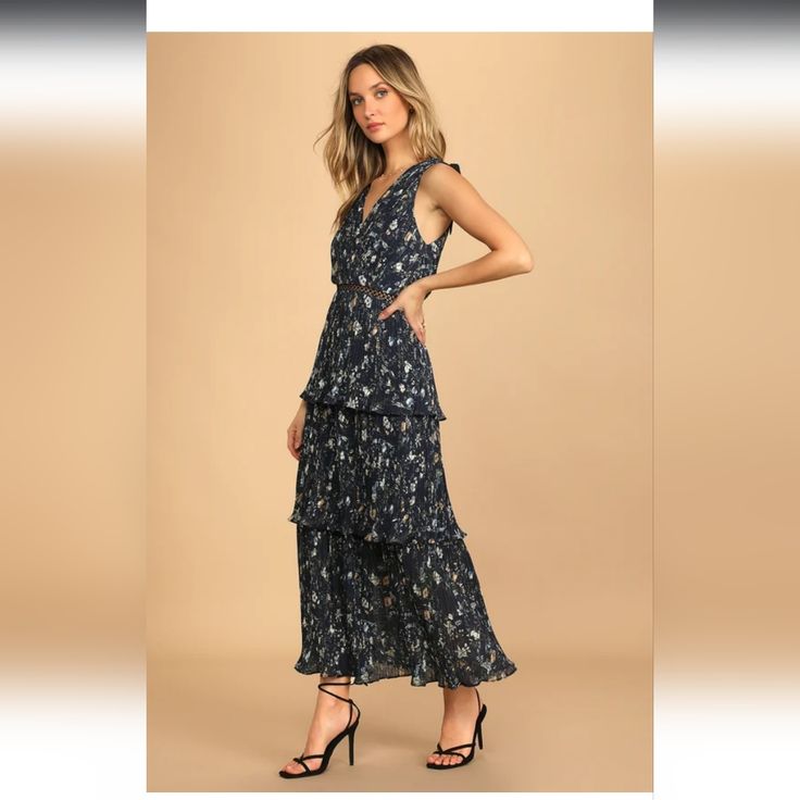 New Navy Blue Floral Dress. Model Wearing Xxs. Navy Blue Floral Dress, Spring Wedding Guest Dress, Tiered Maxi Skirt, Dress Pleated, Pleated Maxi Dress, Pleated Maxi, Blue Floral Print, Floral Blue Dress, Cute Summer Dresses