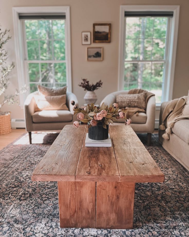 a living room with two couches and a coffee table in front of the window