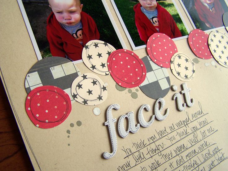 a scrapbook with two pictures of babies on the page and words that read face it