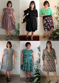 six different types of women's dresses in various styles and sizes, all with flowers on them