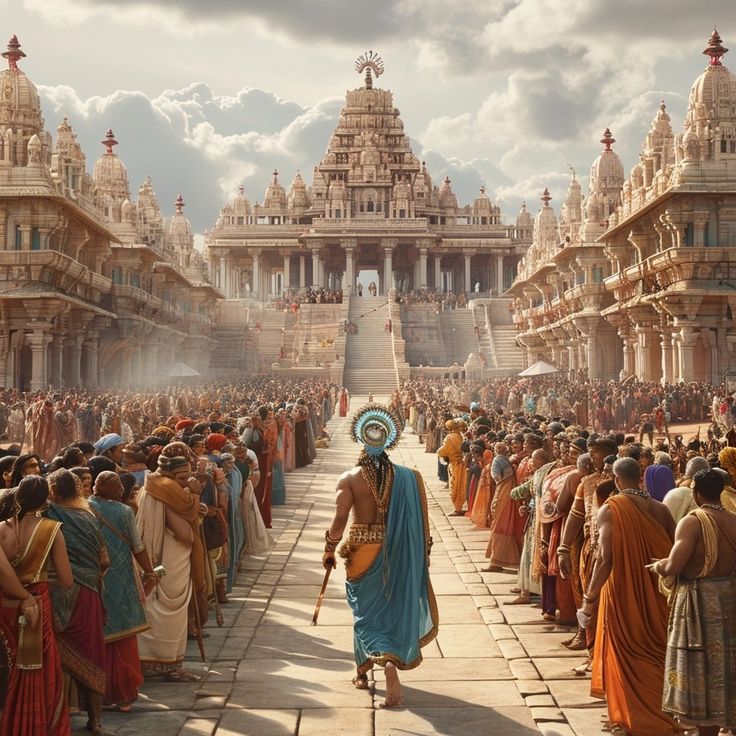 a man dressed in blue and orange walking down a street with lots of people around him