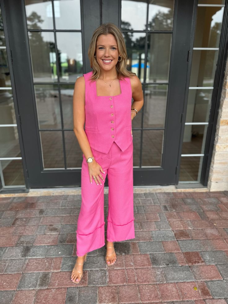 Adorable pink high waisted wide leg pants with a hidden zipper and clasp. Model is 5'4" with a 28" waist, 34" bust, and 35" hips wearing a small. Trendy Pink Wide Leg Pants For Summer, Chic Pink Wide Leg Pants, Pink High-waisted Wide Leg Pants For Work, Casual Fitted Pink Pantsuit, Pink Straight Leg Pantsuit For Spring, Chic Pink High Waist Pantsuit, Fitted Pink Pantsuit For Summer, Pink High-waisted Wide Leg Summer Pants, Pink High Waist Wide Leg Pants For Summer