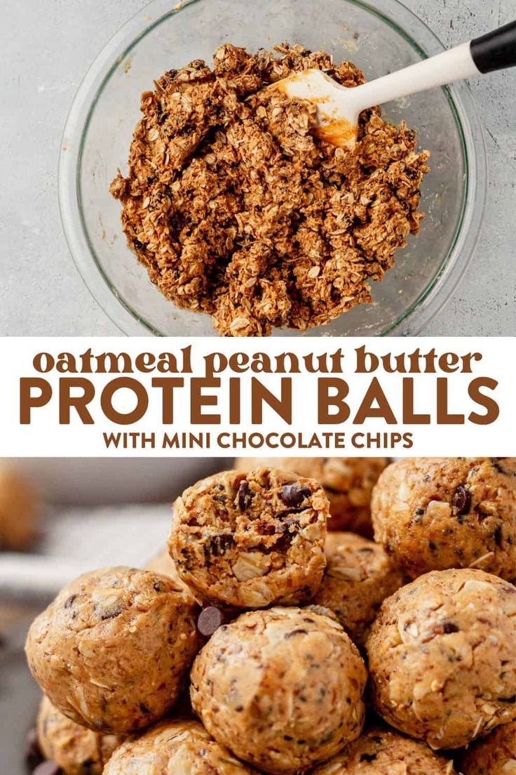 oatmeal peanut butter protein balls with mini chocolate chips in a glass bowl