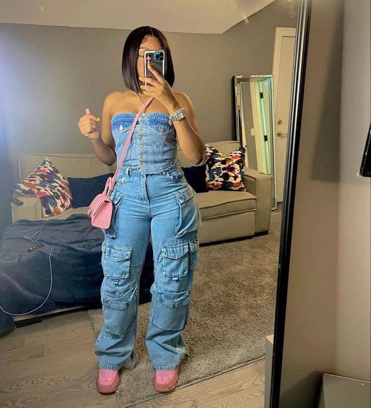 Jean Corset With Cargo Pants, Deniem Outfit Black Women, Cargo Pants Jumpsuit, Two Piece Jean Set, Daytime Birthday Outfit Summer, Denim Dress Birthday Outfit, Blue Jean One Piece Outfit, Fashion Nova Denim Jumpsuit, Jean One Piece Outfit Black Women