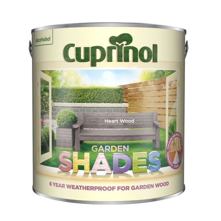 a paint can with the words garden shades on it, and an image of a bench