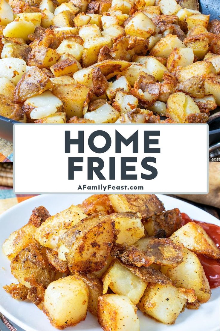 some fried potatoes on a white plate with the words home fries above it and an image of