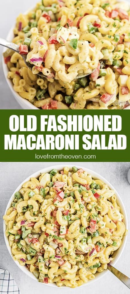 an old fashioned macaroni salad in a white bowl