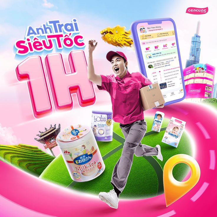 an advertisement with a man holding a cell phone in the air and various items around him