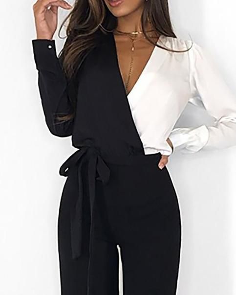 Long Sleeve Sexy V-Neck Casual Jumpsuit sold by shiook on Storenvy Business Portrait, Casual Jumpsuit, Long Jumpsuits, Petite Outfits, Spring Outfits Casual, Black Jumpsuit, Fashion And Lifestyle, Spring Outfits, Color Blocking