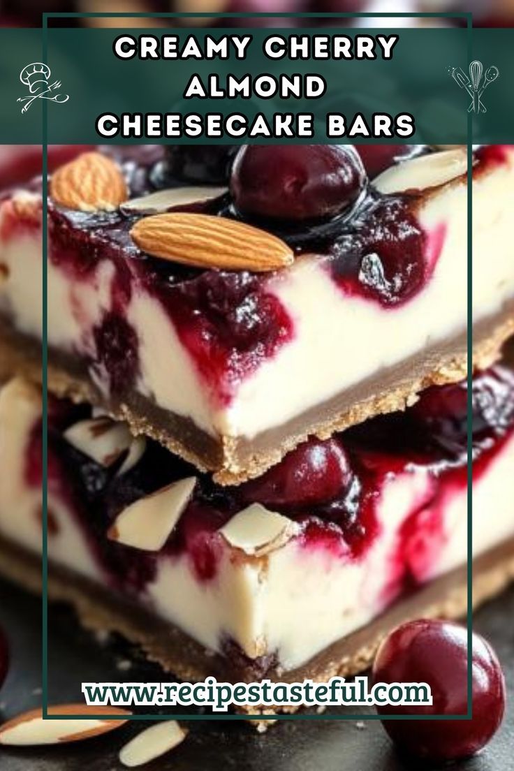 three pieces of cheesecake bars stacked on top of each other with cherries and almonds