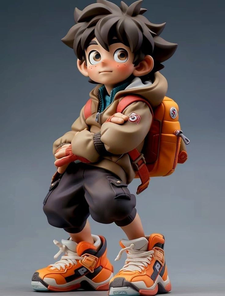 a figurine is posed in front of a gray background with an orange backpack