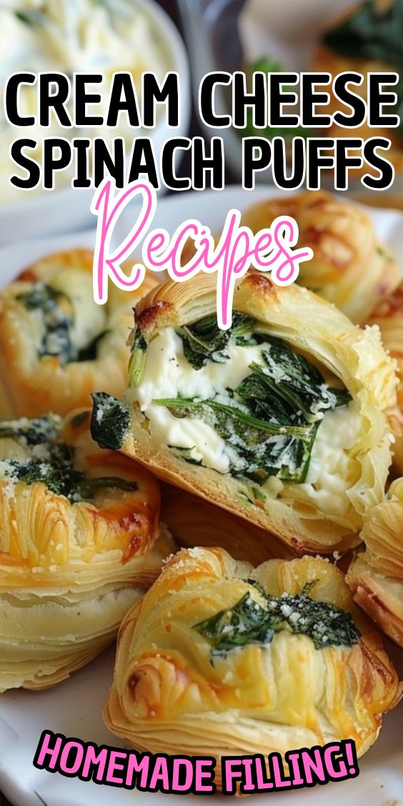 cream cheese spinach puffs recipe on a plate with text overlay that reads, cream cheese spinach puffs recipes homemade filling