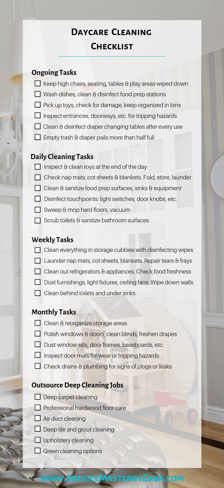 a cleaning checklist with the words, daycare cleaning checklist written in it