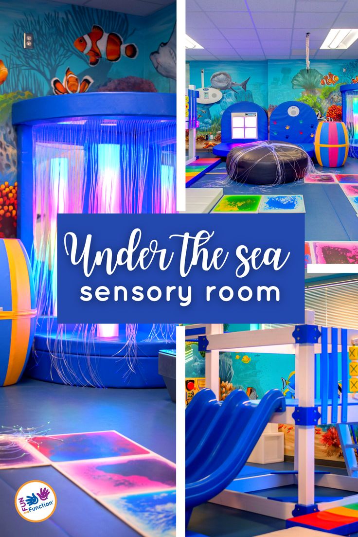 children's indoor play area with slide, slides and water features under the sea