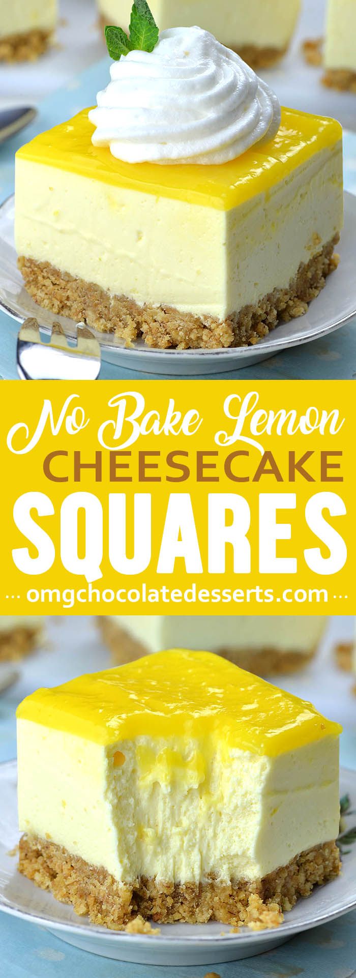 no bake lemon cheesecake squares with whipped cream on top