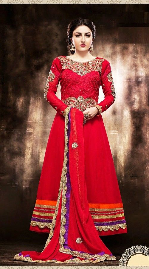 Soha Ali Khan In Red Salwar Kameez YS102541 Anarkali Ideas, Red Anarkali Dress, Red Anarkali Suits, Indian Wardrobe, Soha Ali Khan, Red Anarkali, Indian Suits For Women, Pakistan Clothes, Anarkali Churidar