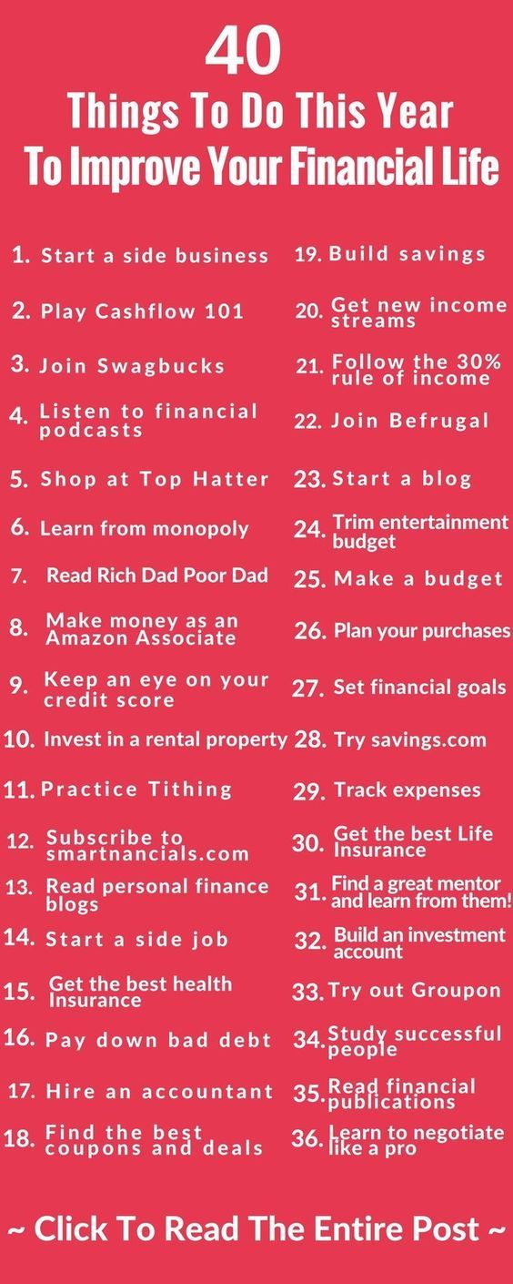 a red poster with the words 40 things to do this year to improve your financial life