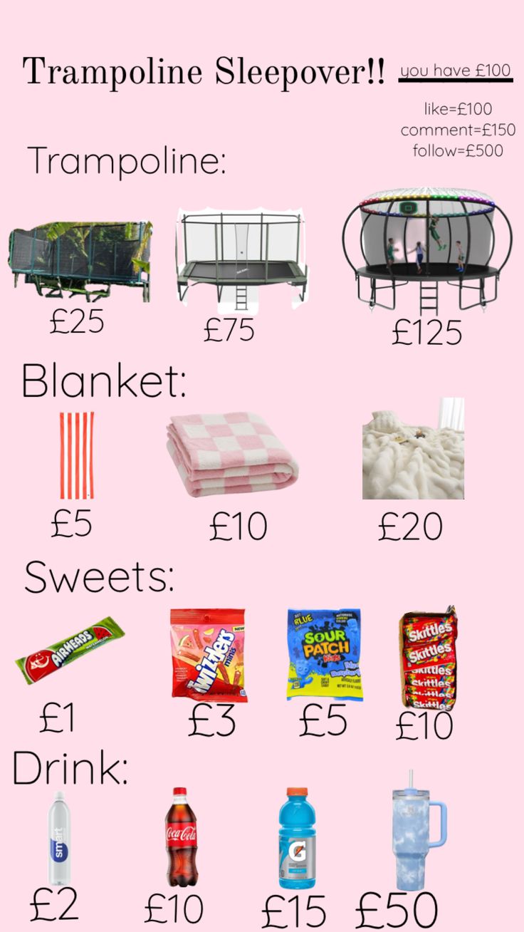 a pink poster with various items on it and the words trampoline sleepover