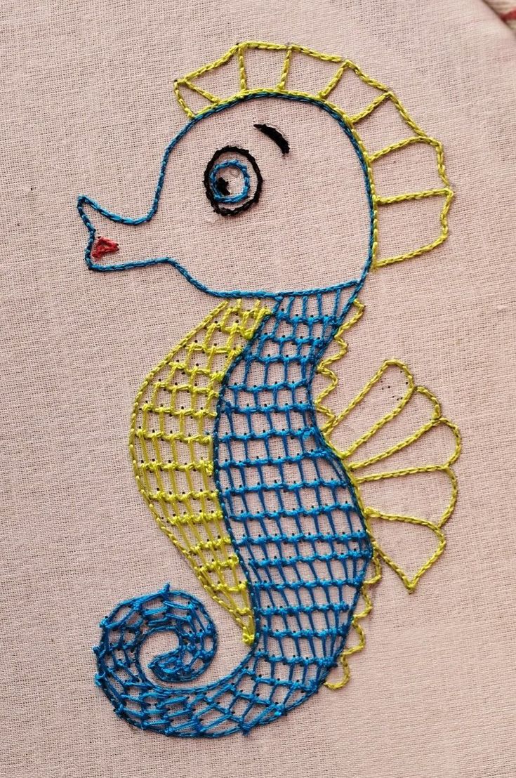 a close up of a embroidery on a piece of cloth with a sea horse design