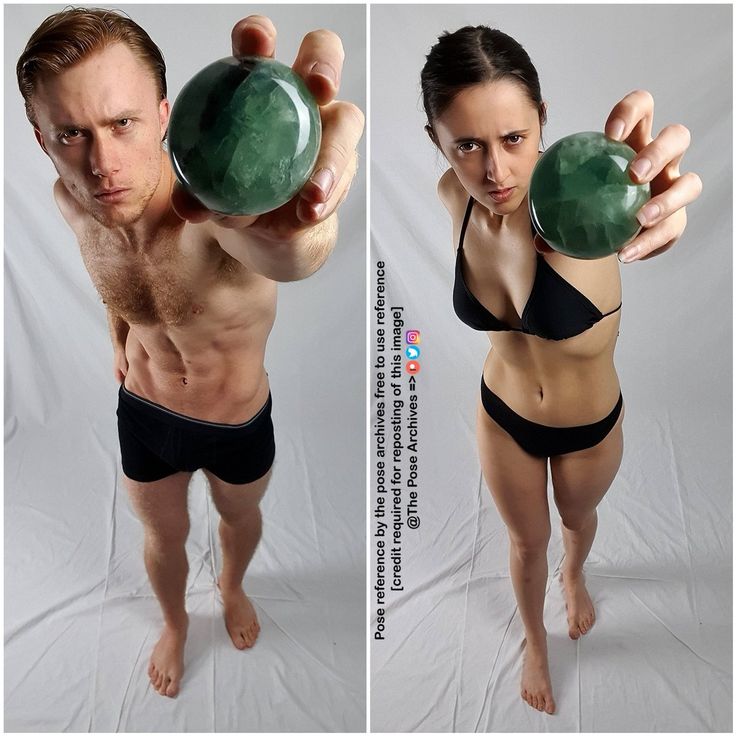 two pictures of a man and woman in bikinis, one holding a green ball