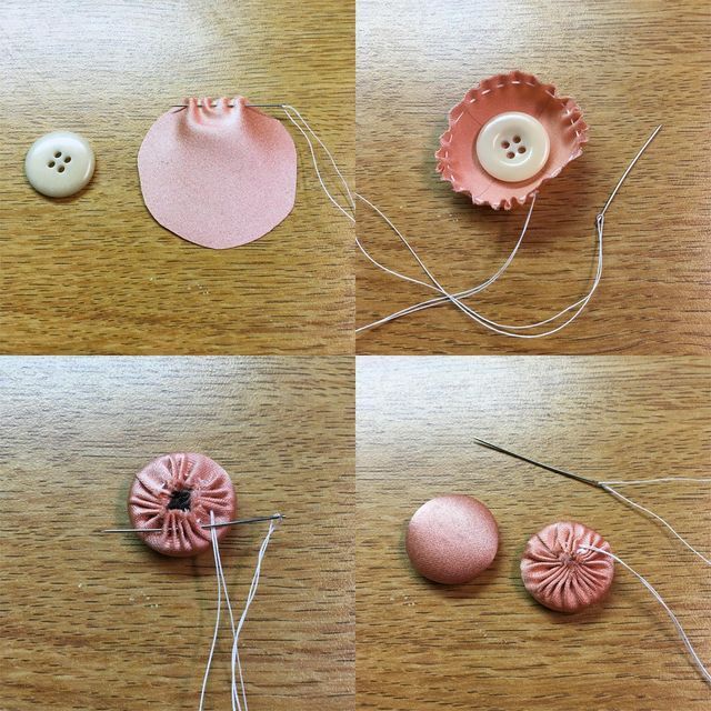 four different types of buttons and needles on a table