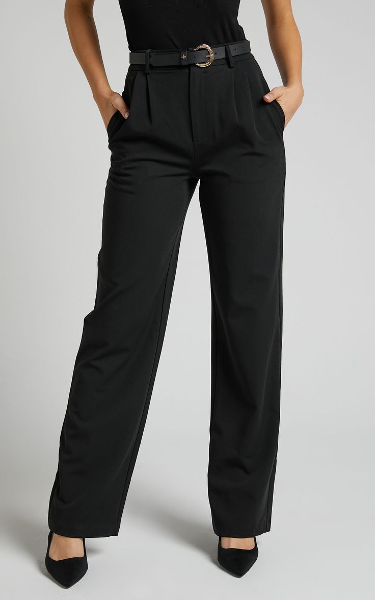 High Waist Straight Pants, Black Dress Pants For Women, Black Womens Dress Pants, Solid Wide Leg Chinos For Business Casual, Black Chinos For Workwear In Fall, Black Chinos For Fall Workwear, Black Chinos For Workwear, Fall Season, Wide Leg Elastane Work Pants, Elegant Black Chinos For Business Casual