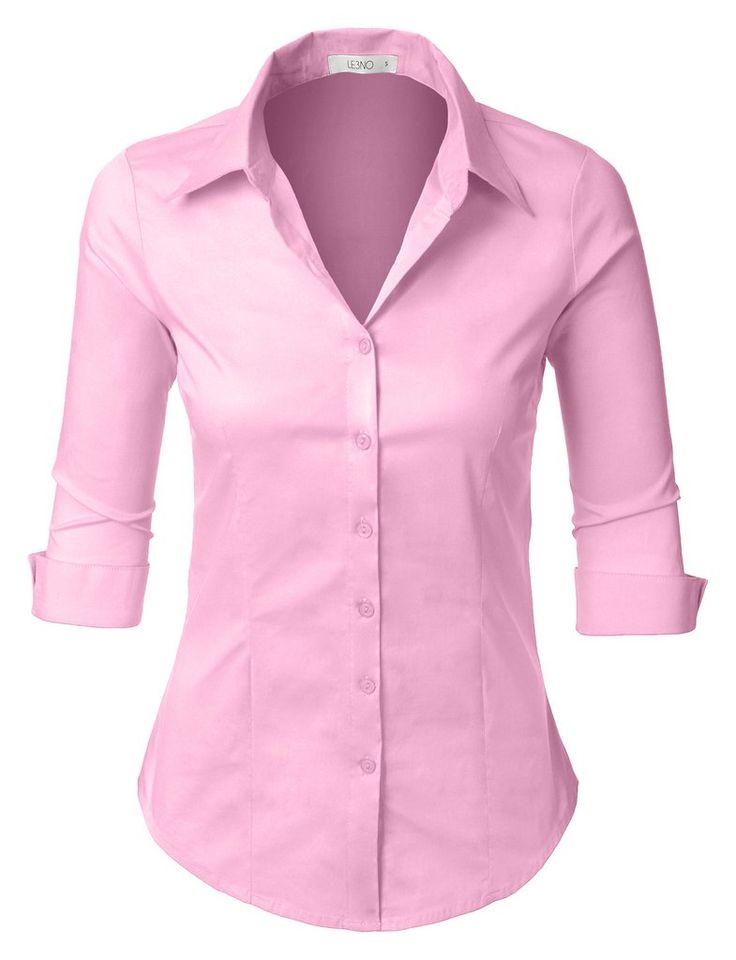 3/4-Sleeve Easy Care Shirt | LE3NO Pink Slim Fit Dress Shirt For Work, Solid Shirt For Office Wear In Spring, Solid Color Dress Shirt For Office In Fall, Solid Fall Dress Shirt For Office, Fitted Tops With 3/4 Sleeve For Office, Fall Office Dress Shirt, Fitted Spring Dress Shirt With Button Closure, Fall Office Solid Dress Shirt, Fitted Spring Dress Shirt