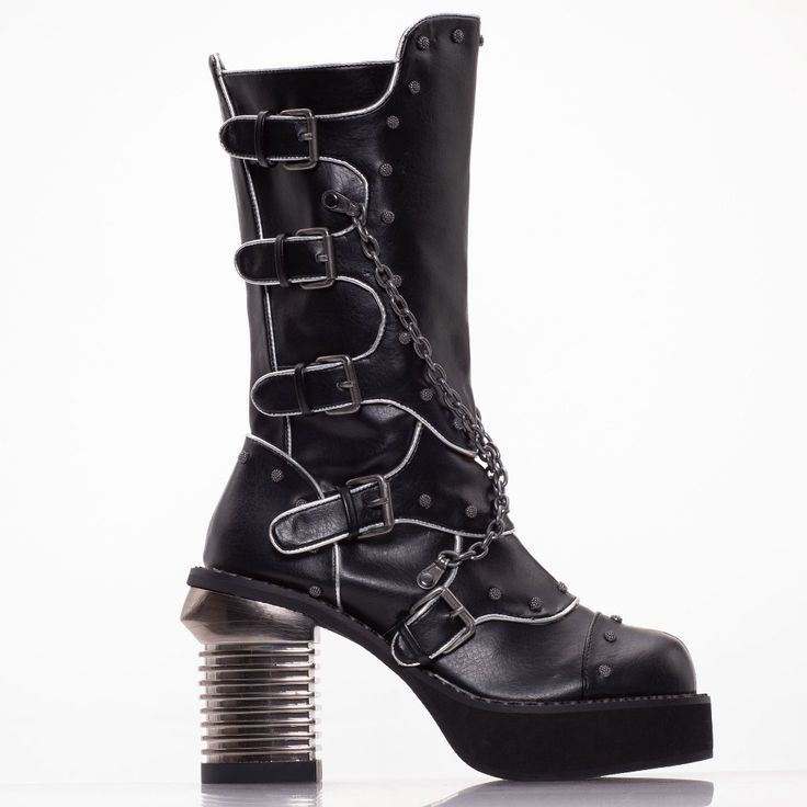 Hades Footwear | Motorhead, Buckles Buckles And More Bucklesplus Some Chains Will Make Whatever You Are Wearing Complete! The Heel Is 4 Inches With A 1.5 Inch Platform In The Front. Adored With Metal Chains And Screw Topped Rivets. A Unique Designed Metallic Styled Heel. Buckle Straps Up The Side. Easy Access Inside Zipper. This Boot Is Quite Versatile And Compliments Many An Outfit. Studded Gothic Moto Boots For Alternative Fashion, Gothic Studded Moto Boots For Alternative Fashion, Punk Moto Boots With Studs For Streetwear, Black Studded Alternative Moto Boots, Black Steampunk Moto Boots With Rivets, Studded Alternative Style Moto Boots, Punk Style Moto Boots With Rivets, Black Steampunk Moto Boots For Alternative Fashion, Alternative Black Moto Boots With Studs