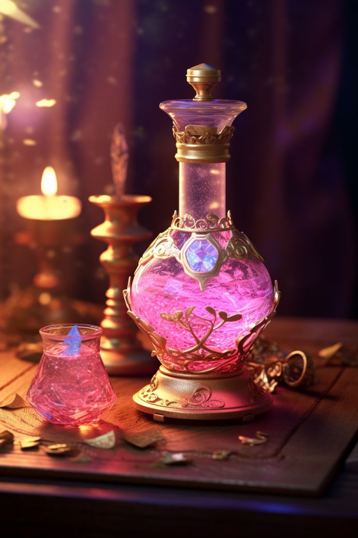 a pink vase sitting on top of a wooden table next to two small glass candles