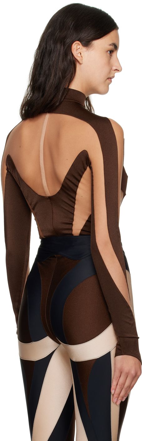 Semi-sheer stretch nylon jersey and tulle bodysuit. · Mock neck · Logo bonded at chest · Press-stud closure at bottom · Thumbhole at cuffs · Zip closure at back · Partial cotton jersey lining Supplier color: Choco Sheer Sleeve Nylon Bodysuit For Night Out, Nylon Bodysuit With Sheer Sleeves For Night Out, Evening Stretch Mesh Bodysuit, High Stretch Nylon Bodysuit For Party, Second-skin Polyamide Bodysuit For Night Out, Party Nylon Bodysuit With Mesh Sleeves, Party Bodysuit With Mesh Sleeves And Nylon Material, Party Bodysuit With Mesh Sleeves In Nylon, Sheer Second-skin Nylon Bodysuit