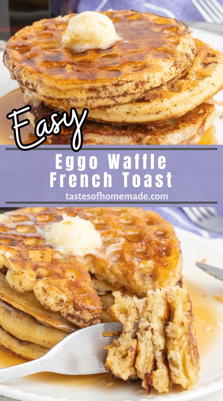 egg waffle french toast with butter and syrup on top is shown in this collage