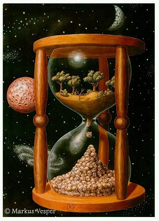 a painting of an hourglass with trees and planets in the background, as if it were made out of sand